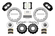 Wilwood front FNSL6R brake kit for Tri-Five ProSpindle 12.88-inch configuration: Two black FNSL6R calipers, slotted rotor rings, separate black hats, silver hubs, bearings, seals, pads, brackets and hardware laid out.