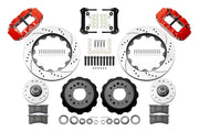 Wilwood front FNSL6R brake kit for Tri-Five ProSpindle 14-inch Superlite configuration: Two red-finish FNSL6R calipers, drilled and slotted rotor rings, separate black hats, silver hubs, bearings, seals, pads, brackets and hardware laid out.