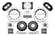 Wilwood front FNSL6R brake kit for Tri-Five ProSpindle 14-inch Superlite configuration: Two black FNSL6R calipers, drilled and slotted rotor rings, separate black hats, silver hubs, bearings, seals, pads, brackets and hardware laid out.