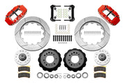 Wilwood front FNSL6R brake kit for Tri-Five ProSpindle 14-inch Superlite configuration: Two red-finish FNSL6R calipers, slotted rotor rings, separate black hats, silver hubs, bearings, seals, pads, brackets and hardware laid out.