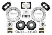 Wilwood front FNSL6R brake kit for Tri-Five ProSpindle 14-inch Superlite configuration: Two black FNSL6R calipers, slotted rotor rings, separate black hats, silver hubs, bearings, seals, pads, brackets and hardware laid out.
