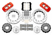 Wilwood front AERO6 brake kit for Tri-Five ProSpindle AERO6 conversion: Two red-finish AERO6 calipers, drilled and slotted rotor rings, separate black hats, silver hubs, bearings, seals, pads, brackets and hardware laid out.