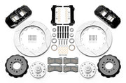 Wilwood front AERO6 brake kit for Tri-Five ProSpindle AERO6 conversion: Two black AERO6 calipers, slotted rotor rings, separate black hats, silver hubs, bearings, seals, pads, brackets and hardware laid out.