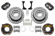 Wilwood rear Forged Dynapro Low Profile brake kit for staggered BOP 11-inch configuration: Black caliper pair with drilled and slotted rotors, internal drum parking-brake assemblies, brackets, pads, registration rings and fasteners.