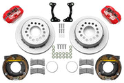 Wilwood rear Forged Dynapro Low Profile brake kit for staggered BOP 11-inch configuration: Red-finish caliper pair with undrilled, with short machined face grooves rotors, internal drum parking-brake assemblies, brackets, pads, registration rings and fasteners.
