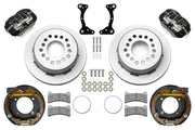 Wilwood rear Forged Dynapro Low Profile brake kit for staggered BOP 11-inch configuration: Black caliper pair with undrilled, with short machined face grooves rotors, internal drum parking-brake assemblies, brackets, pads, registration rings and fasteners.