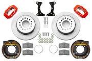 Wilwood rear Forged Dynalite Internal brake kit for BOP 12.19-inch staggered layout: Red-finish caliper pair with undrilled, with short machined face grooves rotors, internal drum parking-brake assemblies, brackets, pads, registration rings and fasteners.