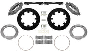 Wilwood front UTV6 brake kit for Honda Talon front race package: Two gray anodized UTV6 calipers with black solid rotor rings, silver adapters, mounting brackets, brake pads, retaining rings and fasteners.