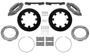 Wilwood rear UTV4 brake kit for Honda Talon rear race package: Two gray anodized UTV4 calipers with black solid rotor rings, silver adapters, mounting brackets, brake pads, retaining rings and fasteners.