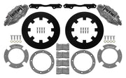 Wilwood front UTV6 brake kit for Can-Am Maverick X3 front race kit: Two gray anodized UTV6 calipers with black solid rotor rings, silver adapters, mounting brackets, brake pads, retaining rings and fasteners.