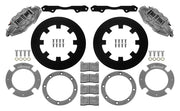 Wilwood rear UTV4 brake kit for Maverick X3 rear race kit: Two gray anodized UTV4 calipers with black solid rotor rings, silver adapters, mounting brackets, brake pads, retaining rings and fasteners.