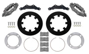 Wilwood rear UTV6 brake kit for Polaris RZR Turbo S/S4 rear package: Two gray anodized UTV6 calipers with black solid rotor rings, silver adapters, mounting brackets, brake pads, retaining rings and fasteners.