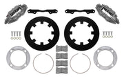 Wilwood front UTV6 brake kit for Polaris RZR 1000/RS1 front race kit: Two gray anodized UTV6 calipers with black solid rotor rings, silver adapters, mounting brackets, brake pads, retaining rings and fasteners.