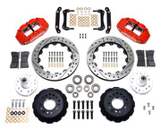 Wilwood front FNSL6R brake kit for No Limit ZG 12.88-inch conversion: Two red-finish FNSL6R calipers, drilled and slotted rotor rings, separate black hats, silver hubs, bearings, seals, pads, brackets and hardware laid out.