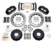 Wilwood front FNSL6R brake kit for No Limit ZG 12.88-inch conversion: Two black FNSL6R calipers, drilled and slotted rotor rings, separate black hats, silver hubs, bearings, seals, pads, brackets and hardware laid out.