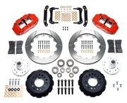 Wilwood front FNSL6R brake kit for No Limit ZG 12.88-inch conversion: Two red-finish FNSL6R calipers, slotted rotor rings, separate black hats, silver hubs, bearings, seals, pads, brackets and hardware laid out.