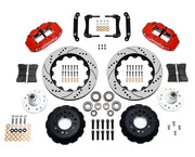Wilwood front FNSL6R brake kit for No Limit ZG 14-inch conversion: Two red-finish FNSL6R calipers, drilled and slotted rotor rings, separate black hats, silver hubs, bearings, seals, pads, brackets and hardware laid out.