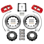 Wilwood front AERO6 brake kit for Porsche 996/997 and Boxster/Cayman: Parts layout with two red-finish AERO6 calipers, slotted rotor rings, separate black hats, pads, brackets and fasteners, with braided hoses.