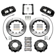 Wilwood front AERO6 brake kit for Porsche 996/997 and Boxster/Cayman: Parts layout with two black AERO6 calipers, slotted rotor rings, separate black hats, pads, brackets and fasteners, with braided hoses.
