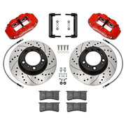 Wilwood Porsche 996/997 rear 12.98-inch srp drilled & slotted brake kit layout with red Superlite 4R calipers and rotors, pads and fasteners, with braided hoses