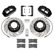 Wilwood Porsche 996/997 rear 12.98-inch srp drilled & slotted brake kit layout with black Superlite 4R calipers and rotors, pads and fasteners, with braided hoses