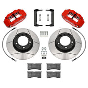 Wilwood Porsche 996/997 rear 12.98-inch gt slotted brake kit layout with red Superlite 4R calipers and rotors, pads and fasteners, with braided hoses