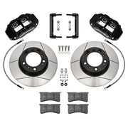 Wilwood Porsche 996/997 rear 12.98-inch gt slotted brake kit layout with black Superlite 4R calipers and rotors, pads and fasteners, with braided hoses