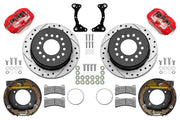 Wilwood G-Body rear 11.00-inch srp drilled & slotted brake kit layout with red Dynapro Low-Profile calipers and rotors, pads and fasteners and internal parking-brake assemblies