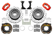 Wilwood G-Body rear 12.19-inch srp drilled & slotted brake kit layout with red Dynalite calipers and rotors, pads and fasteners and internal parking-brake assemblies