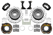 Wilwood G-Body rear 12.19-inch srp drilled & slotted brake kit layout with black Dynalite calipers and rotors, pads and fasteners and internal parking-brake assemblies