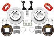 Wilwood G-Body rear 12.19-inch plain face brake kit layout with red Dynalite calipers and rotors, pads and fasteners and internal parking-brake assemblies