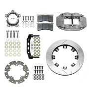 Wilwood inboard sprint rear brake kit, gray Superlite caliper, single GT rotor, splined adapter, bracket and pads laid out