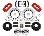 Wilwood No Limit ZG front 14.00-inch srp drilled & slotted brake kit layout with red AERO6 calipers and rotors, pads and fasteners and separate wheel hubs