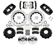 Wilwood No Limit ZG front 14.00-inch srp drilled & slotted brake kit layout with black AERO6 calipers and rotors, pads and fasteners and separate wheel hubs