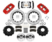 Wilwood No Limit ZG front 14.00-inch gt slotted brake kit layout with red AERO6 calipers and rotors, pads and fasteners and separate wheel hubs