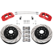 Wilwood Jeep Wrangler JK front 13.38-inch srp drilled & slotted brake kit layout with red AERO6-DM calipers and rotors, pads and fasteners, with braided hoses