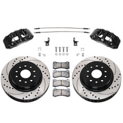 Wilwood Jeep Wrangler JK front 13.38-inch srp drilled & slotted brake kit layout with black AERO6-DM calipers and rotors, pads and fasteners, with braided hoses