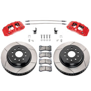 Wilwood Jeep Wrangler JK front 13.38-inch gt slotted brake kit layout with red AERO6-DM calipers and rotors, pads and fasteners, with braided hoses