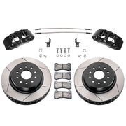Wilwood Jeep Wrangler JK front 13.38-inch gt slotted brake kit layout with black AERO6-DM calipers and rotors, pads and fasteners, with braided hoses
