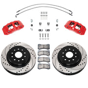 Wilwood Jeep Wrangler JL/Gladiator front 13.38-inch srp drilled & slotted brake kit layout with red AERO6-DM calipers and rotors, pads and fasteners, with braided hoses