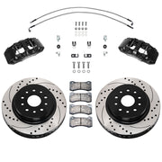 Wilwood Jeep Wrangler JL/Gladiator front 13.38-inch srp drilled & slotted brake kit layout with black AERO6-DM calipers and rotors, pads and fasteners, with braided hoses