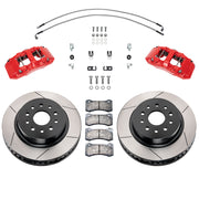 Wilwood Jeep Wrangler JL/Gladiator front 13.38-inch gt slotted brake kit layout with red AERO6-DM calipers and rotors, pads and fasteners, with braided hoses