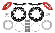 Wilwood Polaris RZR Pro XP rear 11.25-inch drilled brake kit layout with red UTV6 calipers and rotors, pads and fasteners and silver rotor adapters