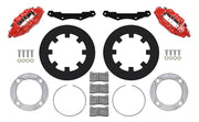 Wilwood Polaris RZR Pro XP rear 11.25-inch solid black brake kit layout with red UTV6 calipers and rotors, pads and fasteners and silver rotor adapters