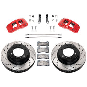 Wilwood 4Runner/GX460 front 13.31-inch srp drilled & slotted brake kit layout with red AERO6-DM calipers and rotors, pads and fasteners, with braided hoses