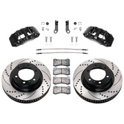 Wilwood 4Runner/GX460 front 13.31-inch srp drilled & slotted brake kit layout with black AERO6-DM calipers and rotors, pads and fasteners, with braided hoses