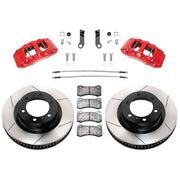 Wilwood 4Runner/GX460 front 13.31-inch gt slotted brake kit layout with red AERO6-DM calipers and rotors, pads and fasteners, with braided hoses
