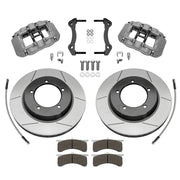 Wilwood Toyota LC70 front 13.28-inch gt slotted brake kit layout with hard-anodized AV6R calipers and rotors, pads and fasteners, with braided hoses
