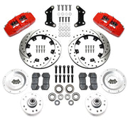 Wilwood Chrysler/Dodge/Plymouth front 12.19-inch srp drilled & slotted brake kit layout with red Dynapro 6A calipers and rotors, pads and fasteners and separate wheel hubs