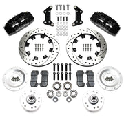 Wilwood Chrysler/Dodge/Plymouth front 12.19-inch srp drilled & slotted brake kit layout with black Dynapro 6A calipers and rotors, pads and fasteners and separate wheel hubs